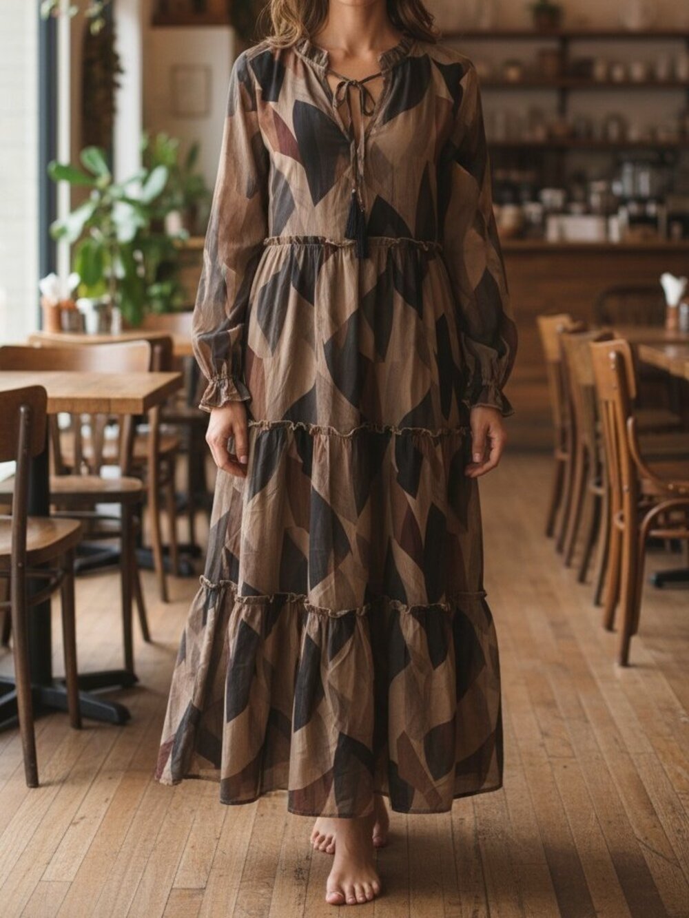 NWT FIG & FERN (MED) Midi Camo Semi Sheer/Lined Tiered Pleated Ruffled Dress